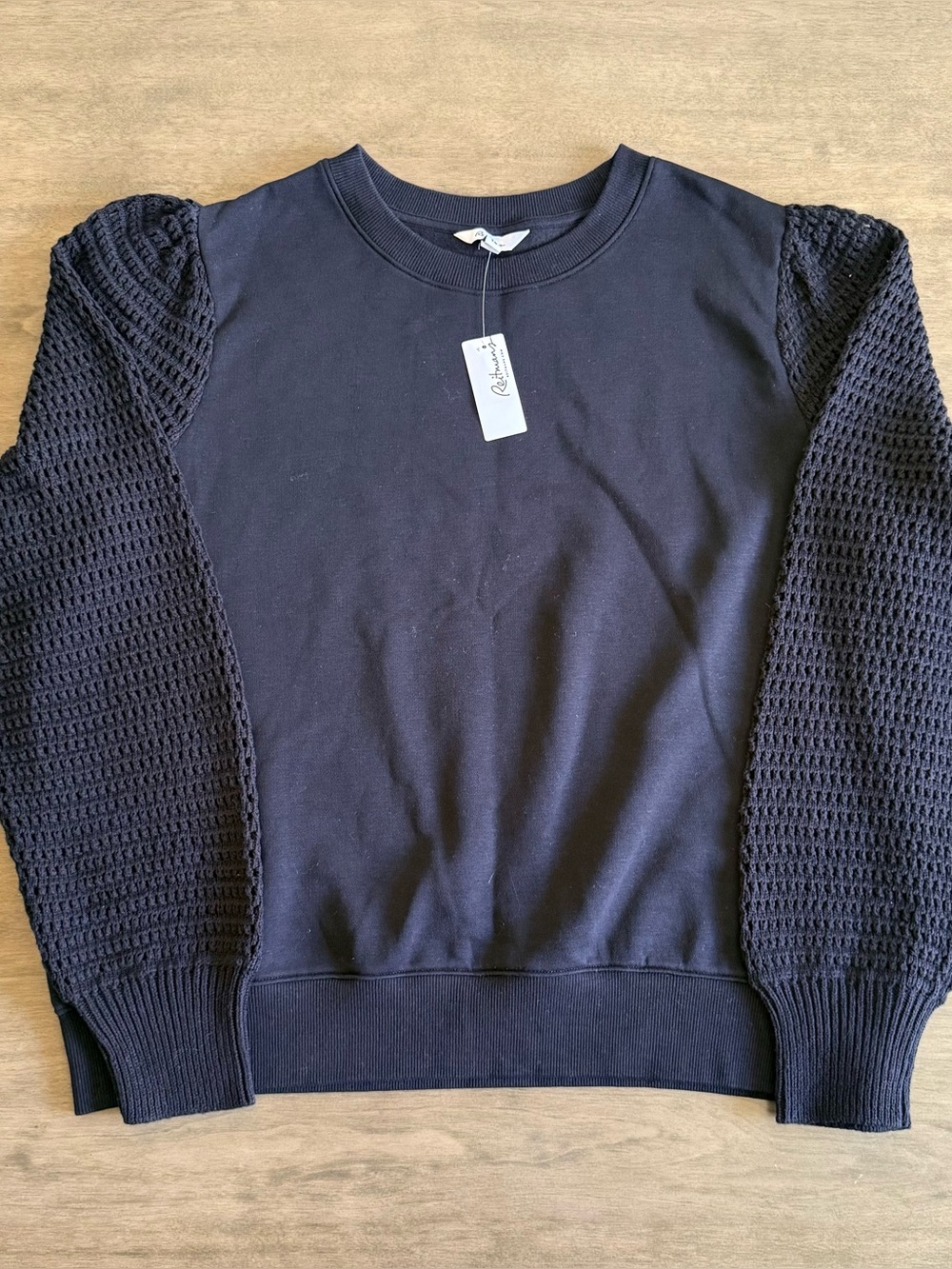 Reitmans Black Crewneck Sweater with Textured Knit Sleeves